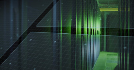 Illuminating green LED-lit server racks lining server room aisle, with grid overlay, copy space. Technology, data, security, digital, networking, modern, infrastructureの写真素材