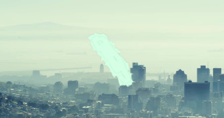Displaying urban skyscraper cluster dominating bay view from hillside, with cargo ships and mist. Modern, skyline, coastal, aerial, cityscape, industrial, panoramicの写真素材