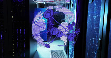 Glowing holographic globe showing network nodes in data center, with server racks. Technology,...