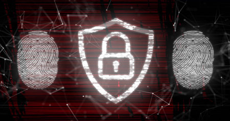 Displaying shield enclosing padlock in cybersecurity network with fingerprint patterns and nodes....