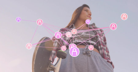 Woman wearing plaid shirt and camo top gripping skateboard in open area, with network icons overlay. Adventure, connectivity, outdoor, casual, youth, urban, modernの写真素材