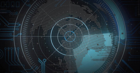 Displaying radar-style graphic overlaying dotted world map on control panel, tracing data points. Technology, data visualization, digital interface, connectivity, cyber security, network, futuristicの写真素材