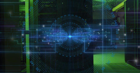 Glowing holographic data overlay illuminating data center corridor, with server cabinets....