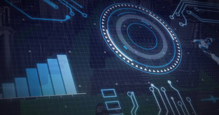 Projecting HUD interface on control panel, with bar chart, circular gauge, circuit-trace graphics. Futuristic, technology, data visualization, digital interface, high-tech, analytics, sci-fiの写真素材