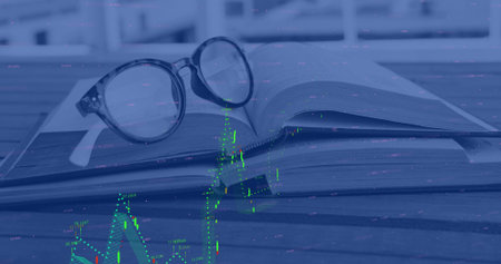 Resting eyeglasses on open book in stack on wooden desk near window, with candlestick chart overlay....