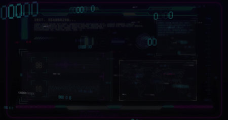 Displaying HUD on dark panel, with grid readouts, world map, globe, code scanning text, neon border....