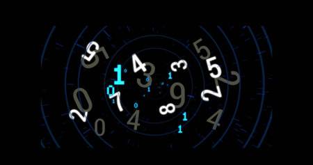 Swirling cluster forming digital vortex, with concentric rings, beige digits and cyan binary bits. Abstract, technology, data, cyber, futuristic, motion, digitalの写真素材