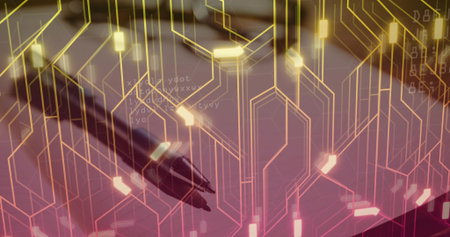 Hovering black fountain pen nib interacting with circuitry and code fragments on desk, copy space....