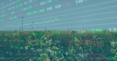 Displaying yellow flowering crops and white wind turbines in rural field, overlaying financial data....