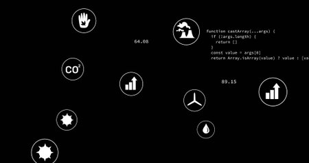Displaying environmental icons in dark dashboard, with labels 64.08, 89.15 and JS castArray snippet. Technology, data, analytics, innovation, sustainability, interface, visualizationの写真素材