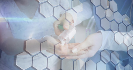 Doctor pouring white pills from bottle into patient palm in clinic with hexagonal overlays....