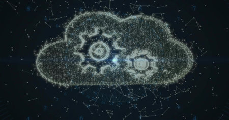 Digital cloud shape forming in data network interface, with glowing data points and gear icons. Technology, innovation, cyberspace, abstract, futuristic, connectivity, dataの写真素材
