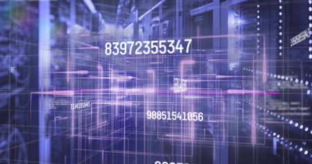 Streaming digital grid overlay through dim data center hallway, with server racks and numeric codes. Technology, cybersecurity, innovation, futuristic, automation, connectivity, networkの写真素材