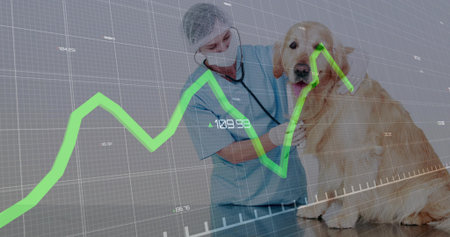 Examining vet using stethoscope on golden retriever at exam table, with green line and grid overlay....