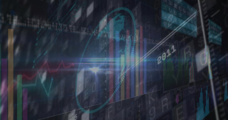 Digital interface running in dashboard, with charts, graphs, globe, data panels, streams and flares....