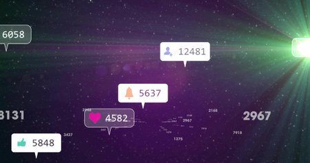 Floating social media icons displaying numeric counters in purple starfield, with green lens flare....