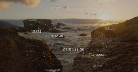 Flowing waves moving through seaweed-covered rocky inlet at sunrise, with HUD overlays. Seascape,...