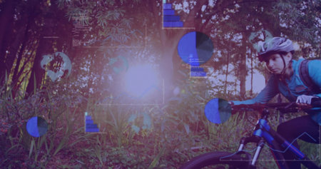 Cyclist wearing helmet gripping handlebars on wooded trail, with bike and data overlay, copy space. Adventure, fitness, outdoor, technology, resilience, vitality, explorationの写真素材
