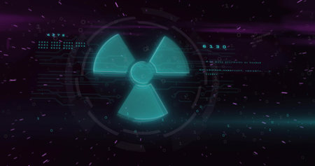 Glowing turquoise radiation hazard symbol hovering on holographic rings showing binary circuitry....