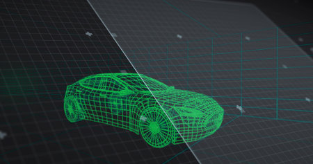 Showing green wireframe car rotating over grid featuring perspective lines and clear diagonal plane....
