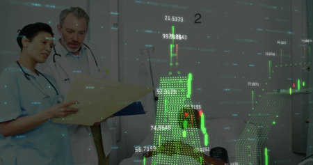 Reviewing patient chart, nurse and doctor in medical attire in hospital room by monitor, copy space....
