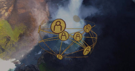 Floating golden network of nodes above waterfall cliff, with person icons and metallic connections....