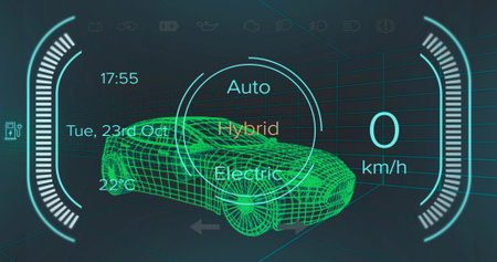 Displaying neon-green 3D wireframe sedan in grid, showing drive mode selector and speedometer arcs....