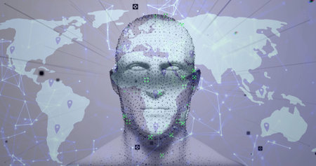 Displaying 3D human head model glowing in virtual space, with world map overlay and particle nodes....