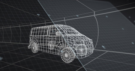Presenting wireframe van model resting on perspective grid in 3D studio, showing construction lines. Futuristic, geometric, minimalistic, automotive, digital, technology, engineeringの写真素材
