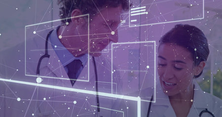 Observing doctor duo interacting with holographic interface in medical office, with stethoscopes....