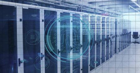 Lining server racks stretching data center corridor, with overhead cable trays and digital overlay....