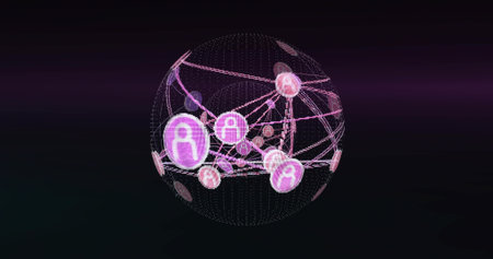 Floating network globe showing glowing user-profile icons linked by dotted lines in digital space. Futuristic, technology, connectivity, digital, cyber, innovation, abstractの写真素材