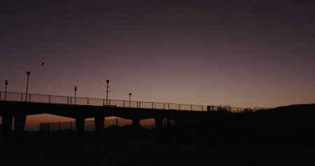 Displaying pier silhouette stretching across coastal horizon, with lampposts, railings, flying bird. Seascape, landscape, dusk, tranquility, serenity, minimalist, silhouetteの写真素材