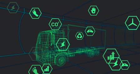 Moving wireframe semi truck and trailer navigating digital tunnel, with hex sustainability icons. Futuristic, digital, eco-friendly, high-tech, modernization, data visualization, environmental impactの写真素材
