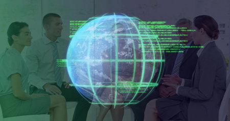 Displaying holographic Earth globe engaging business team in meeting room, with whiteboard notes. Innovation, collaboration, technology, data visualization, strategy, communication, corporateの写真素材