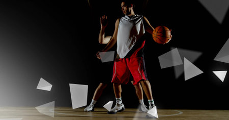 Dribbling athlete wearing jersey, shorts and shoes on gym floor, with ball and abstract lights. Athletes, sports, dynamic, high energy, competitive, performance, lightingの写真素材