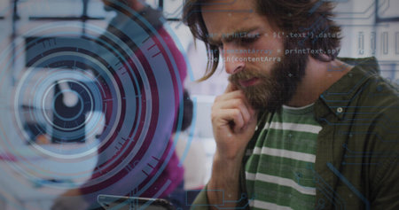 Studying man in striped shirt, olive overshirt in lab with smartphone, holograms, copy space....