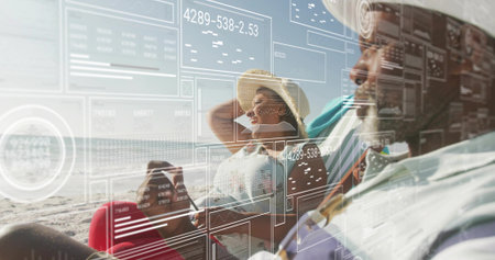 Relaxing couple wearing straw hat reclining on beach chairs, viewing AR overlays on smartphones....