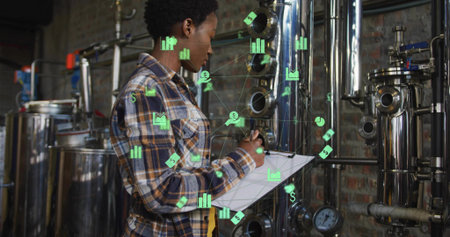Inspecting woman wearing plaid shirt at brewery, with clipboard, pen, steel tanks, green data icons....