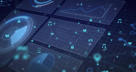 Floating holographic network graph over grid in interface, with icons, glowing lines and particles. Futuristic, technology, connectivity, digital, virtual, data, innovationの写真素材