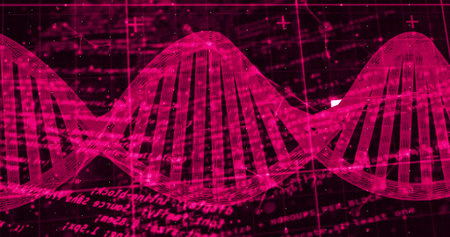 Glowing pink digital double helix hovering in virtual interface, with grid lines and code fragments. Futuristic, sci-fi, technology, data, innovation, abstract, virtualの写真素材