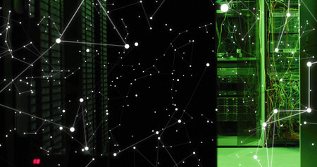 Glowing server rack showing green-lit cables in data center, network visualization, copy space....