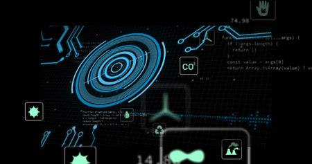 Displaying blue concentric HUD element on grid dashboard, with COâ label recycling water droplets. Futuristic, technology, data visualization, interface, digital, abstract, cyberの写真素材