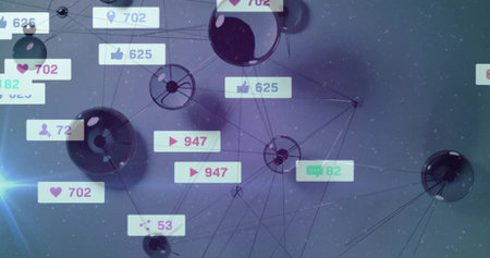 Displaying glossy dark spheres linking thin lines in cyberspace, with floating social media icons. Digital, futuristic, abstract, technology, network, connectivity, dataの写真素材