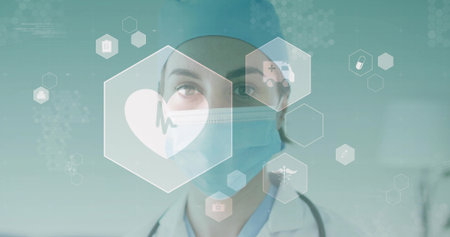 Displaying doctor wearing surgical cap mask and stethoscope at interface, with hexagonal icons. Medical, healthcare, digital, technology, professionalism, innovation, clinicalの写真素材