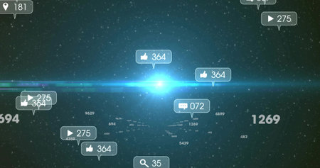 Bright central glow emitting flare in starfield, with thumbs-up comment play and navigation icons....
