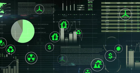 Displaying eco-financial metrics on dark dashboard UI, with pie chart, line graph and eco icons....