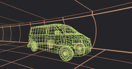 Moving neon green wireframe van model navigating digital tunnel, with orange grid scene. Futuristic,...