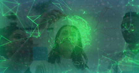 Tech professionals tapping stylus on glass screen in office, showing network mesh and globe overlay. Holography, innovation, collaboration, futuristic, data visualization, teamworkの写真素材