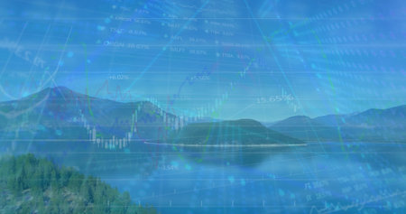 Overlaying panoramic mountain lake scene at lakeside with semi-transparent candlestick charts. Nature, wilderness, serenity, finance, data, analytics, technologyの写真素材